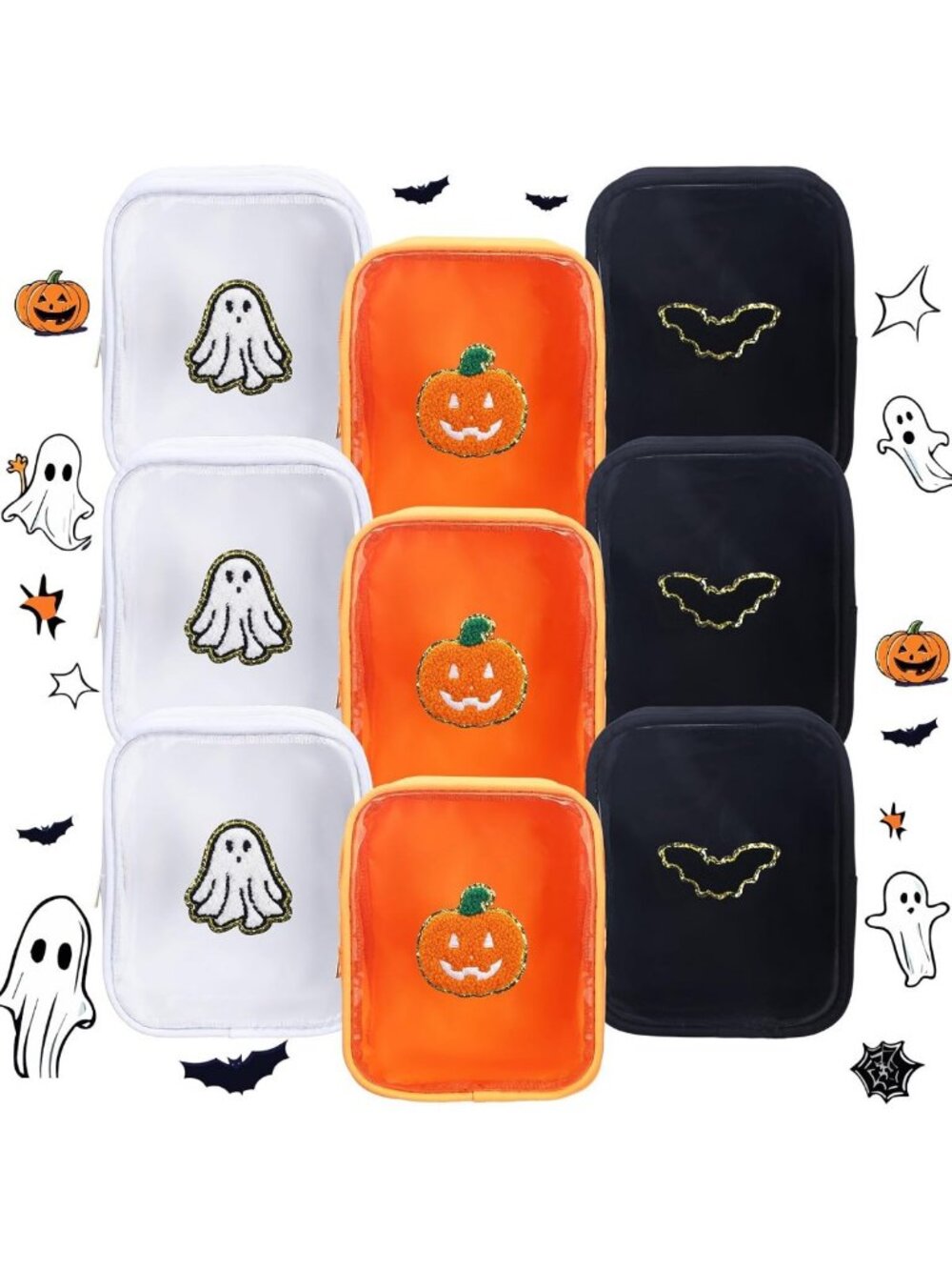 9pcs Halloween Makeup Bag Set with Chenille Patches - Perfect Gift for Women